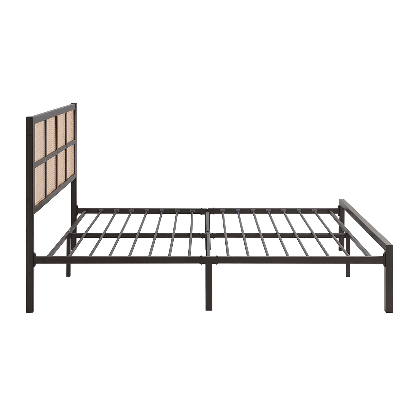 1pc Eastern King Platform Bed, Metal Frame Dark Bronze Finish Faux Cane Panel Headboard Casual Coastal Bedroom Furniture, Bed in a Box