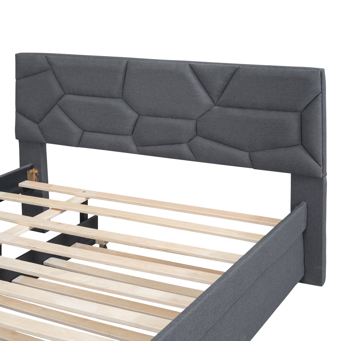 Full Size Upholstered Platform Bed with Brick Pattern Headboard and Twin Size Trundle, Linen Fabric, Gray