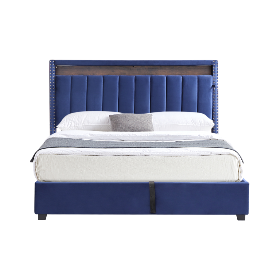 Luxury Gas Lift Storage Bed with RF LED Lights, Storage Headboard ,FULL Size ,Velvet Blue