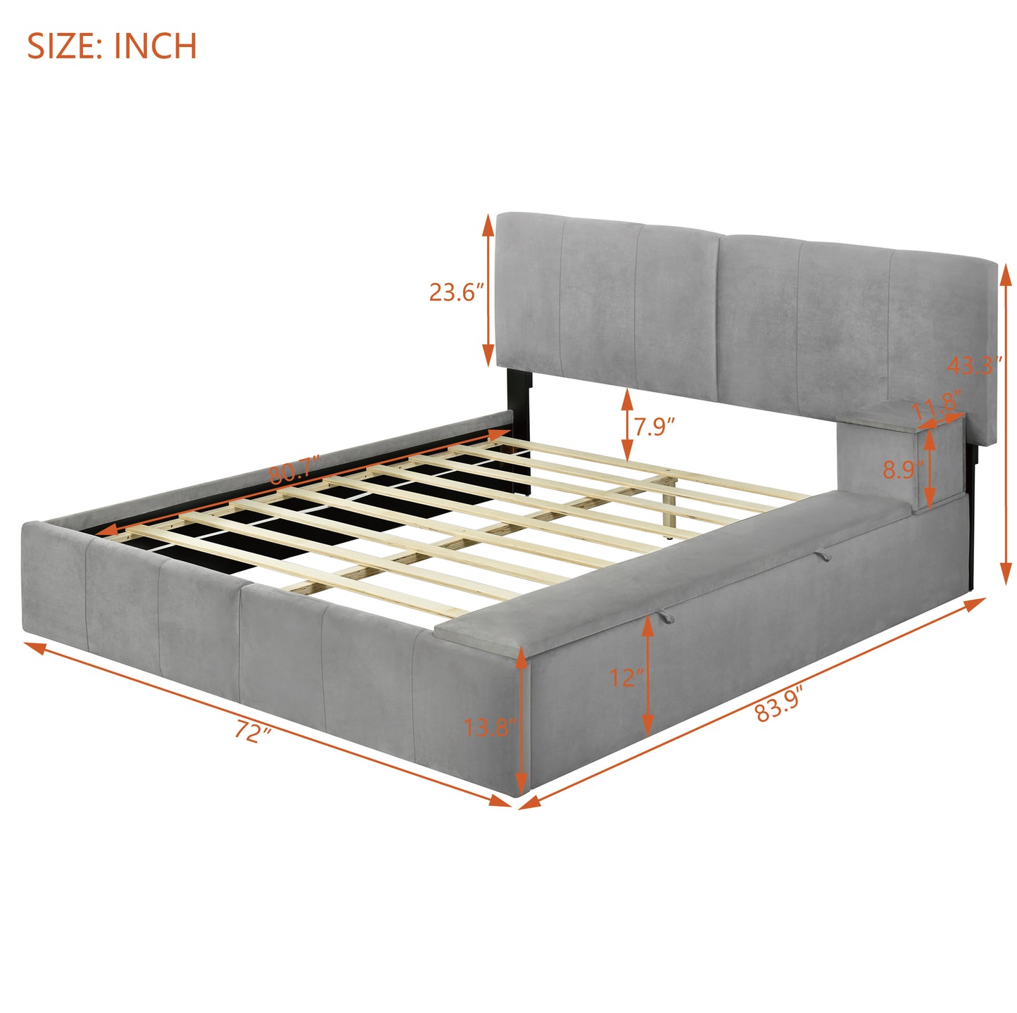 Queen Size Upholstered Platform Bed with Lateral Storage Compartments and Thick Fabric, Velvet, Gray