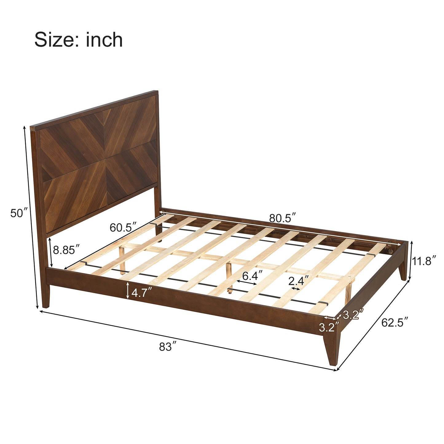 Mid-Century Modern Platform Bed Wood Slat Support with No Box Spring Needed,Queen, Walnut