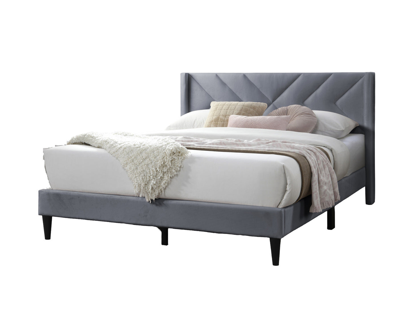 Elegant Modern Gray Velvet Upholstered Queen Size Bed Clean Lines Design Headboard 1pc Bedframe