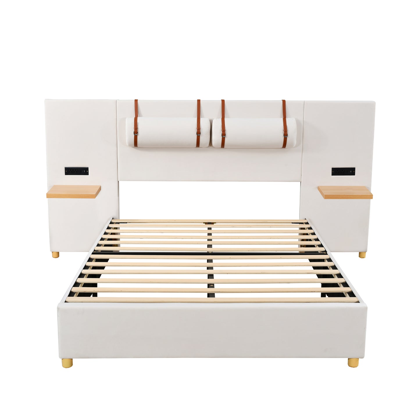 Full Size Upholstered Platform Bed, Two Outlets and USB Charging Ports on Both Sides, Two Bedside Pillows, Storage Shelves,Velvet,Beige