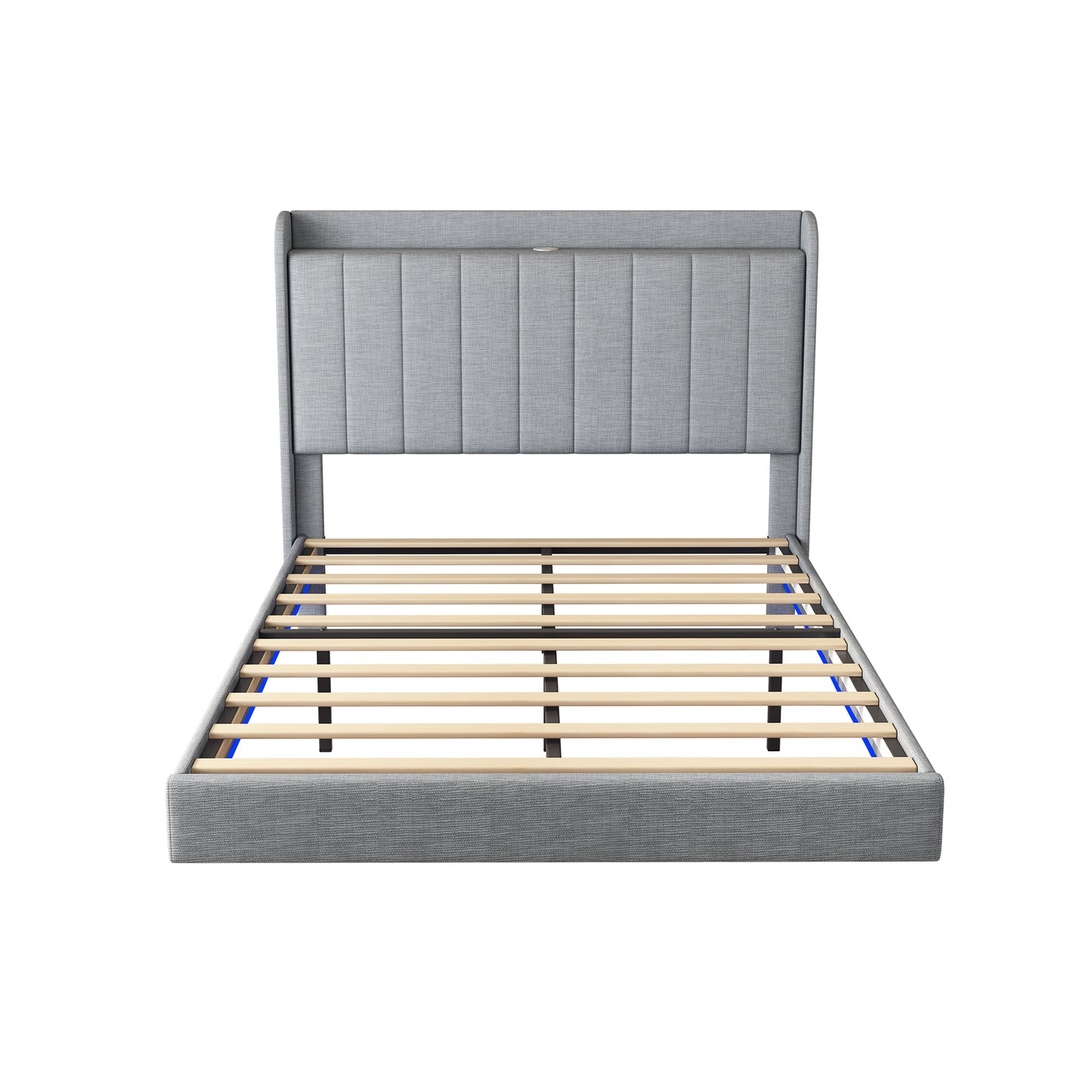 Full size Floating Bed Frame,with Remote control LED Lights with APP , Wood Platform-Light Grey