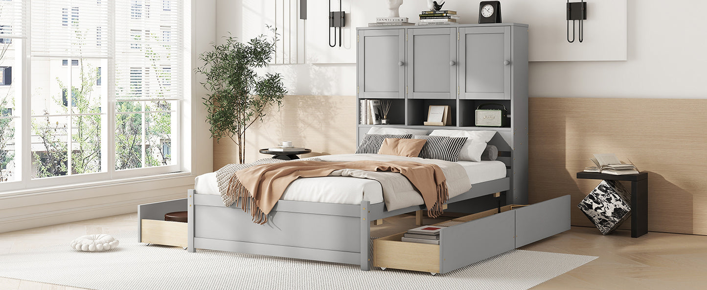 Full Size Platform Bed with Storage Headboard and 4 Drawers, Gray