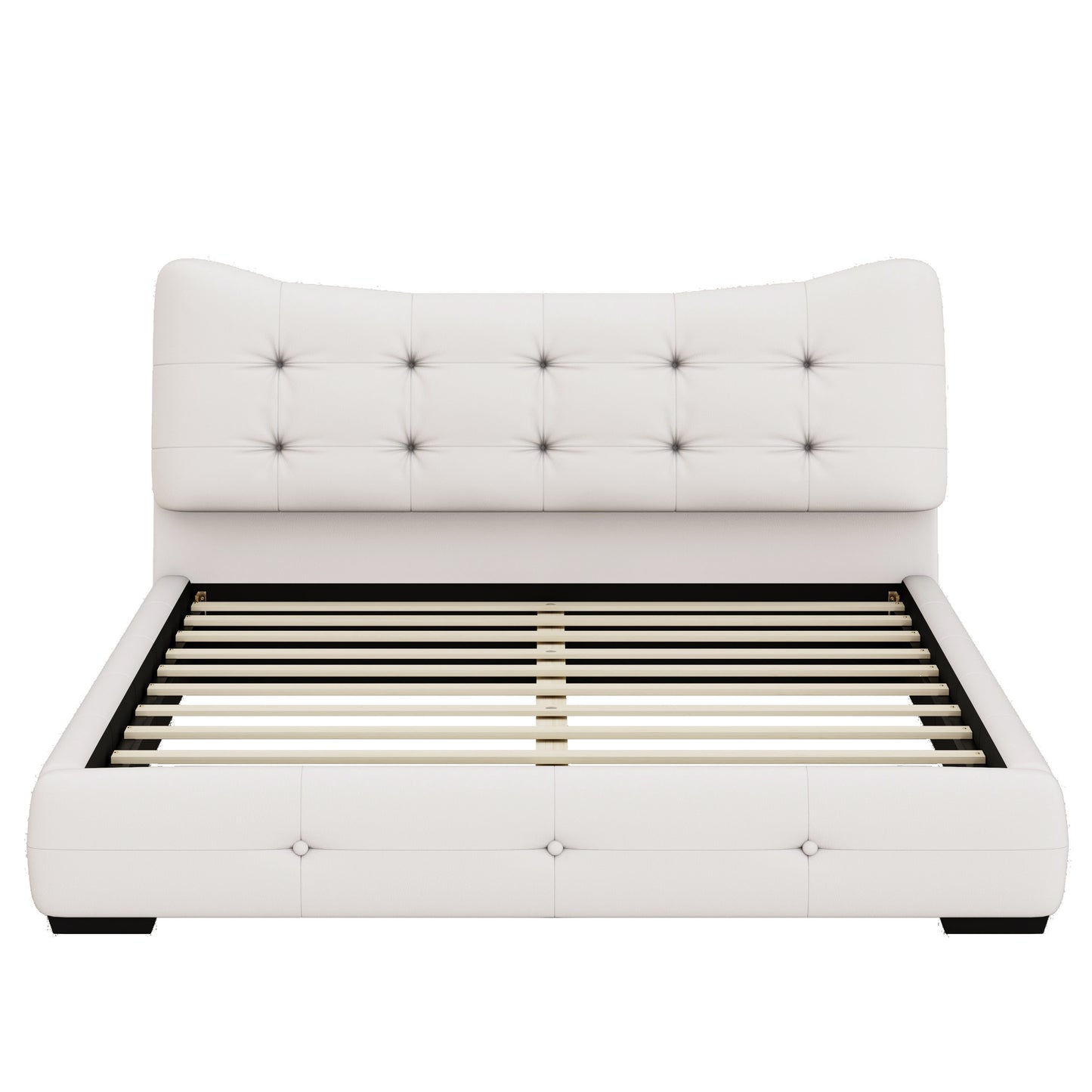 Modern PU Upholstered Queen Bed with Ergonomic Wingback Headboard, No Box Spring Needed, Cream