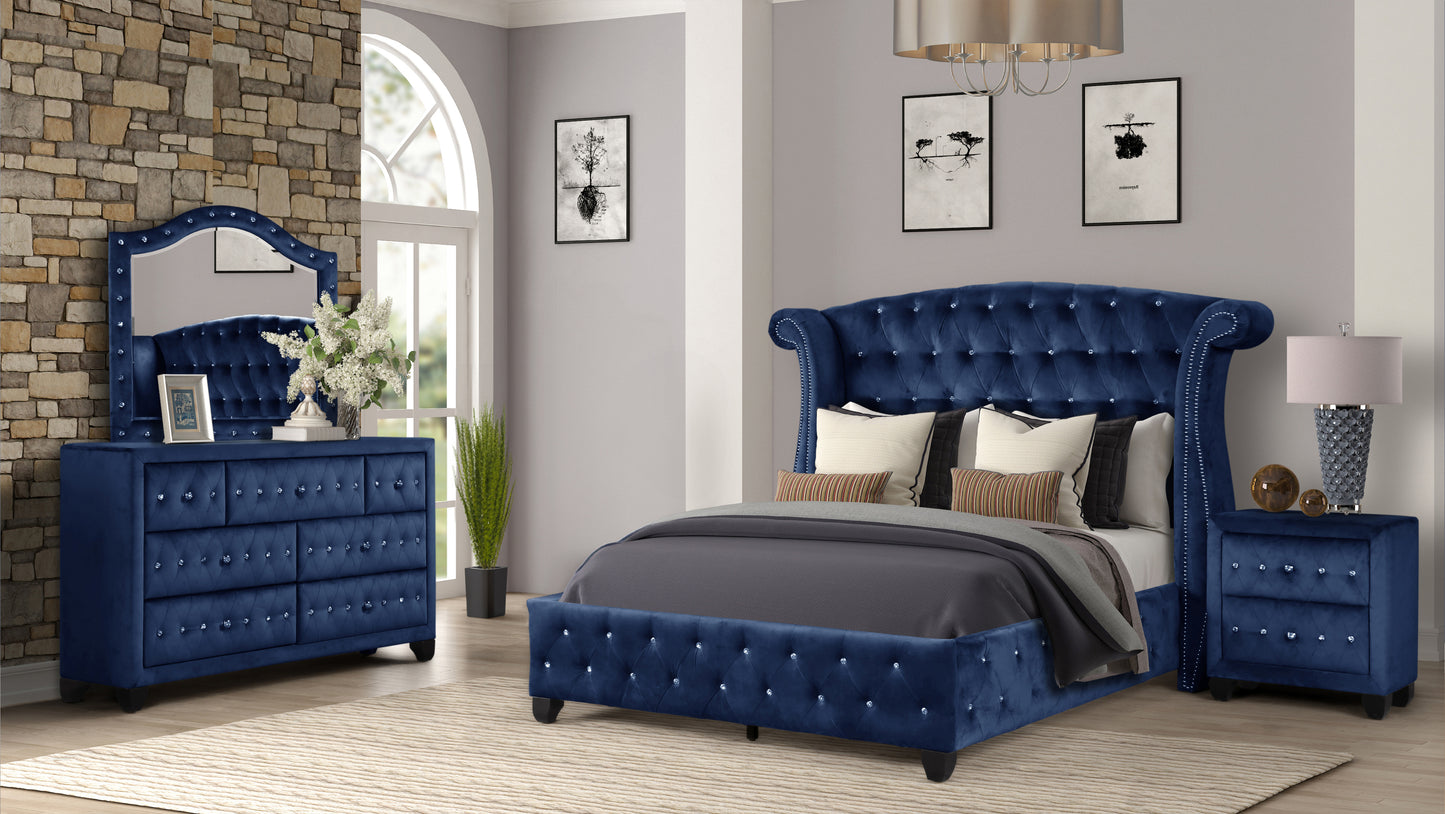 Modern Style Crystal Tufted Full 4 Piece(Includes: Full Size Bed, Nightstand, Dresser, and Mirror) Velvet Fabric Upholstery Bedroom Set Made with Wood in Blue