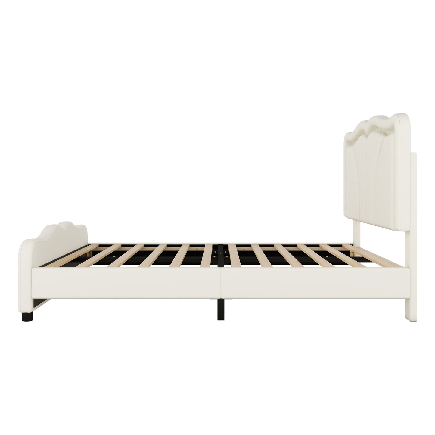 Full Size Upholstered Platform Bed with Curve Shaped and Height-adjustbale Headboard,LED Light Strips,White