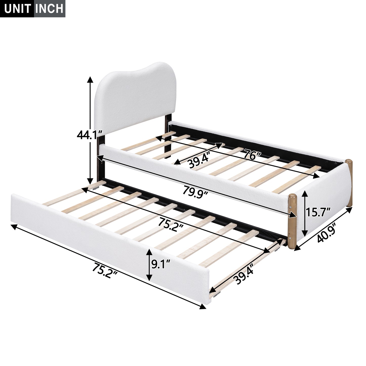 Lit plateforme rembourré pour lit simple avec pieds de support en bois et lit gigogne pour lit simple, blanc