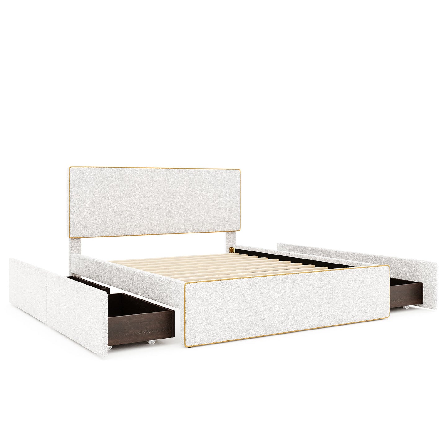 Full Size Upholstered Platform Bed with 4 Drawers and Golden Edge on the Headboard & Footboard, White