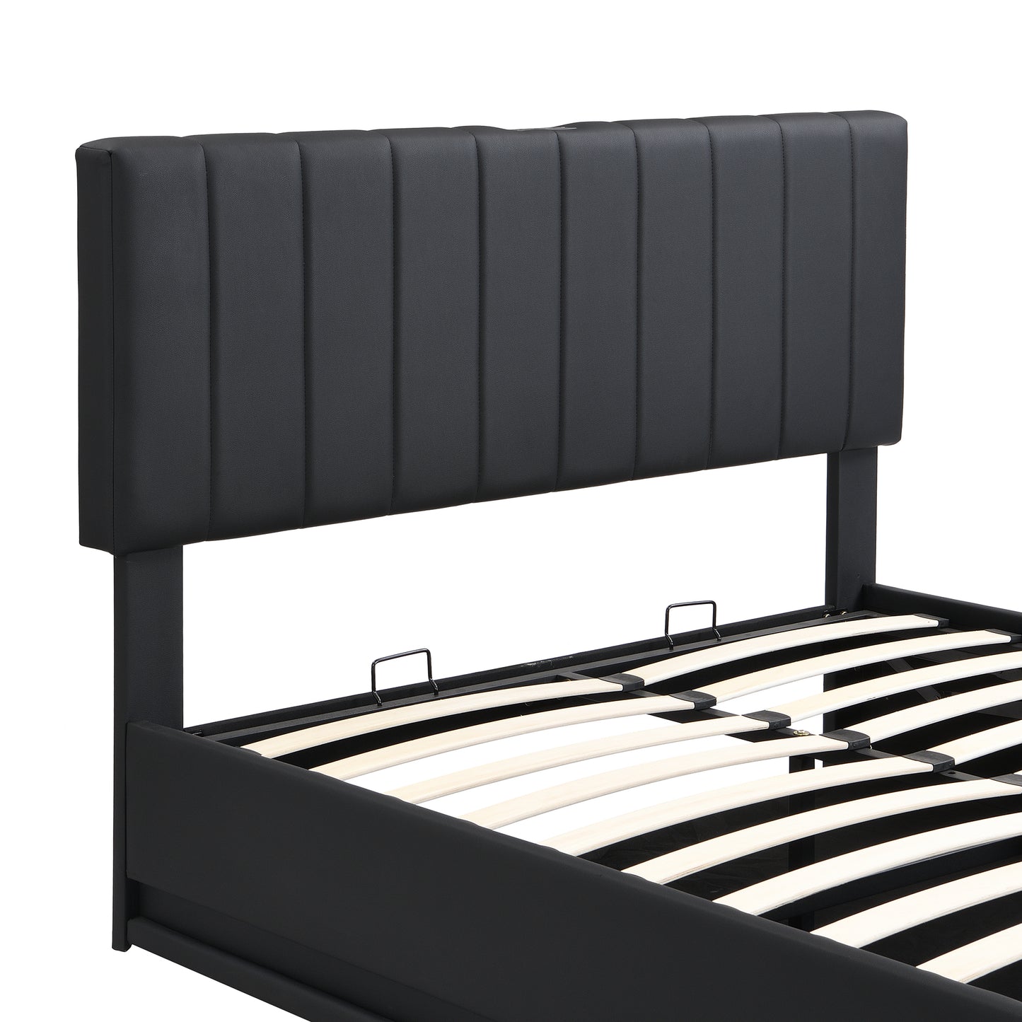 Full Size Upholstered Bed with Hydraulic Storage System and LED Light, Modern Platform Bed with Sockets and USB Ports, Black