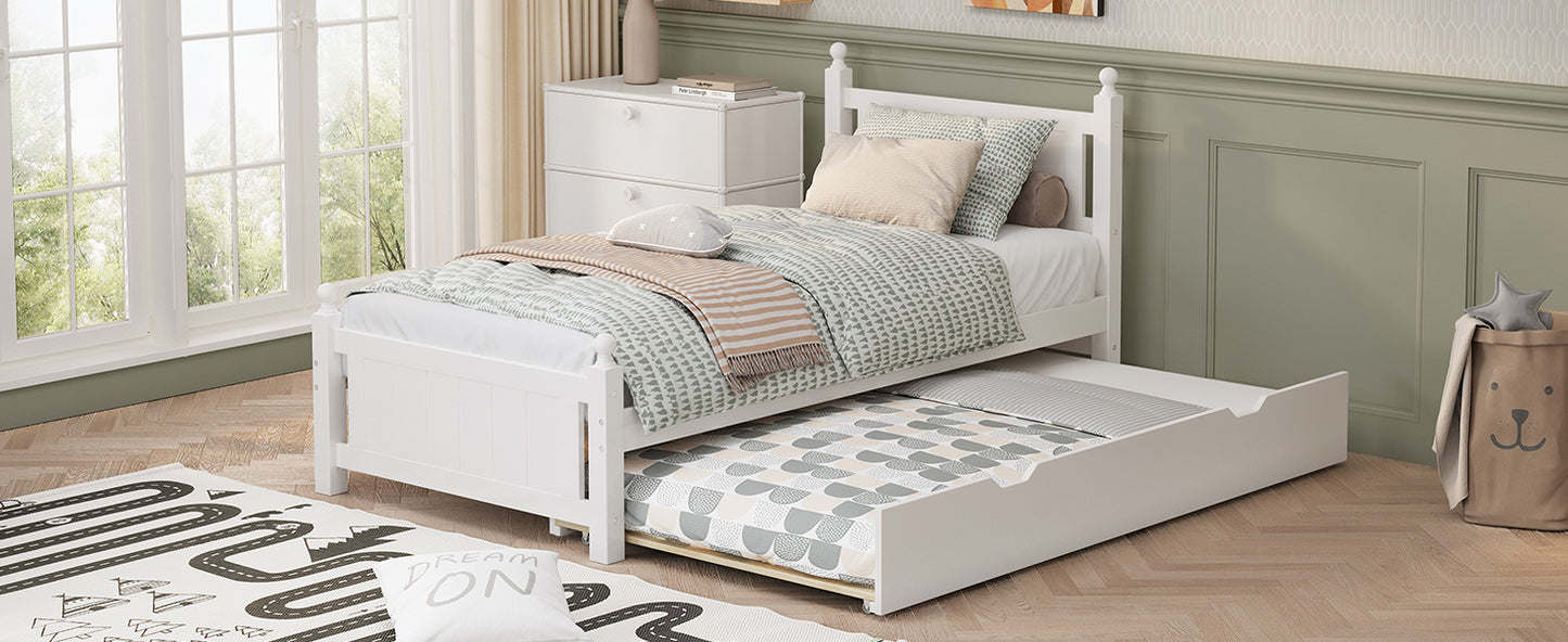 Twin Size Solid Wood Platform Bed Frame with trundle for Limited Space Kids, Teens, Adults, No Need Box Spring, White