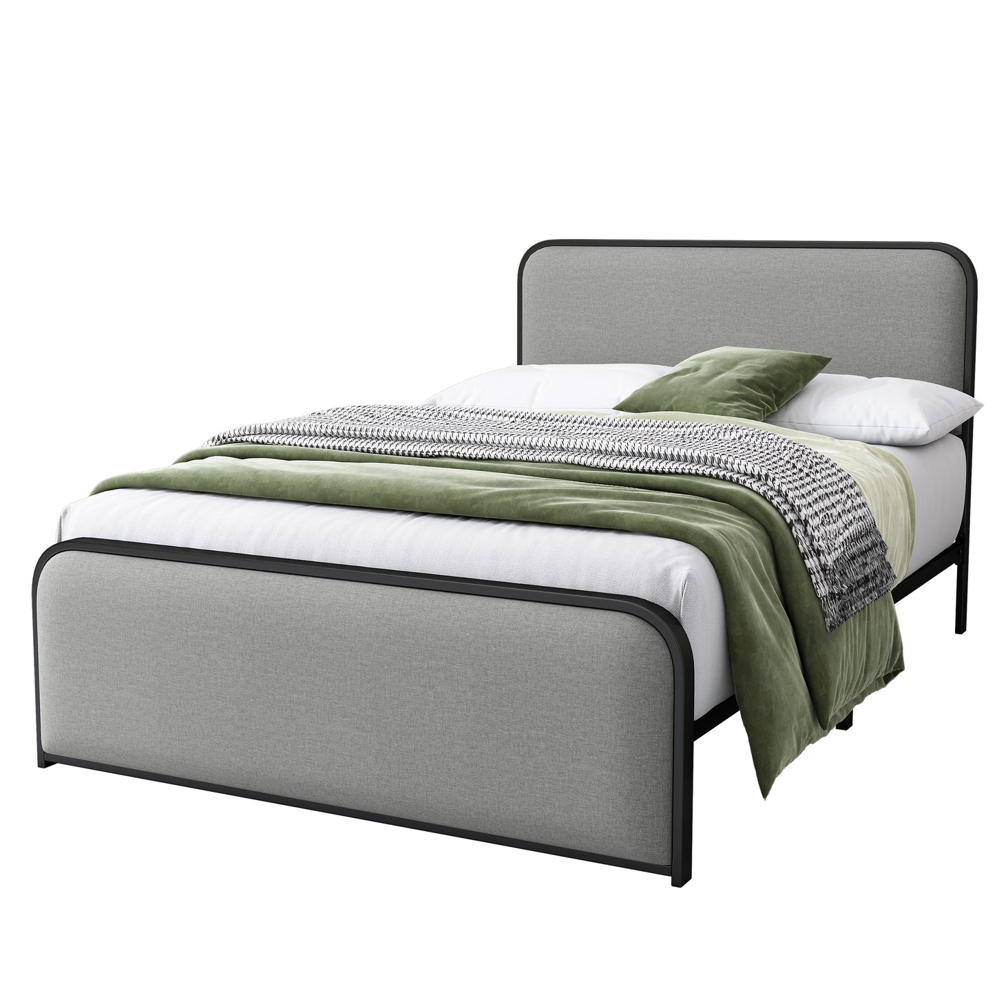 Modern Metal Bed Frame with Curved Upholstered Headboard and Footboard Bed with Under Bed Storage, Heavy Duty Metal Slats, Full Size, Grey