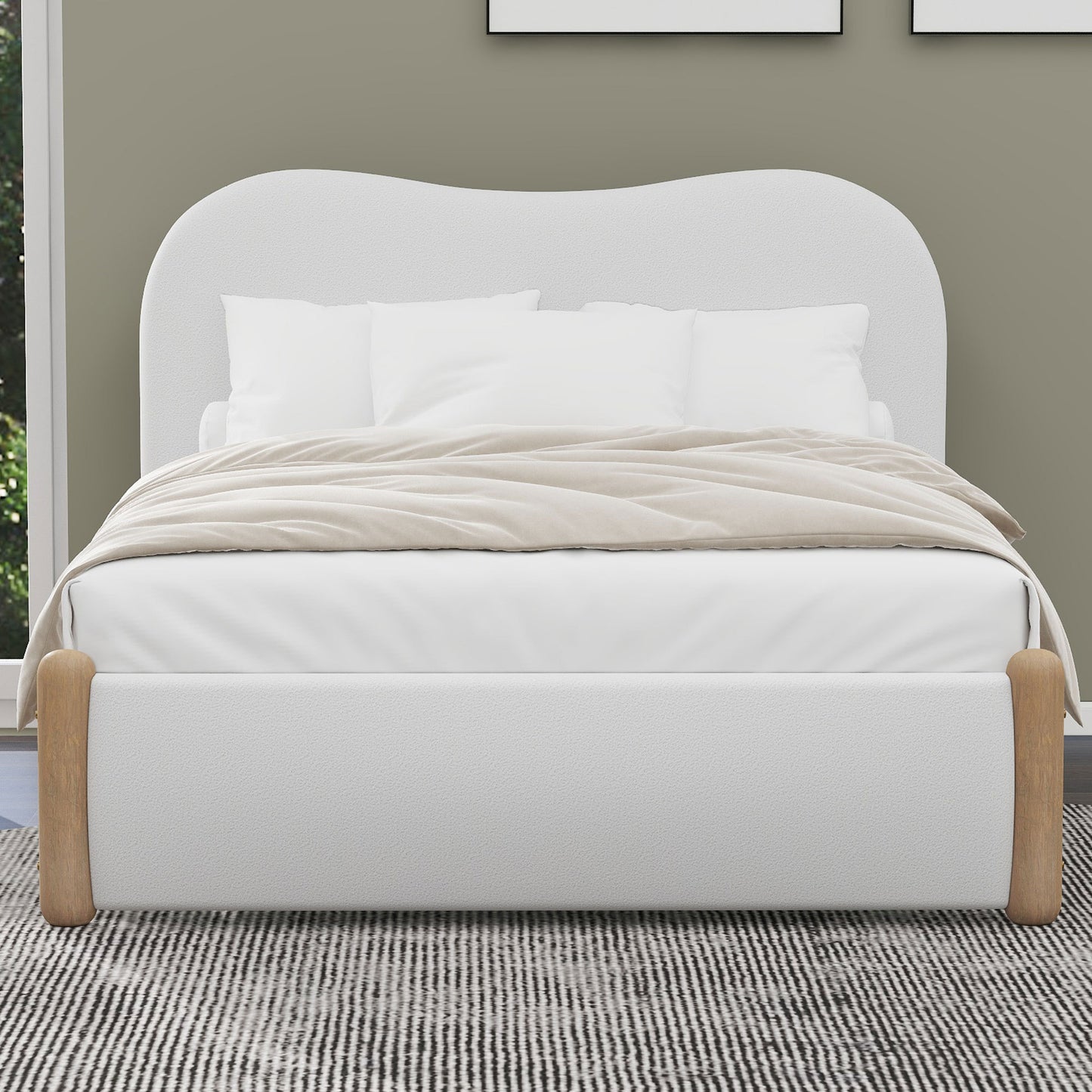 Full Size Upholstered Platform Bed with Wood Supporting Feet, White