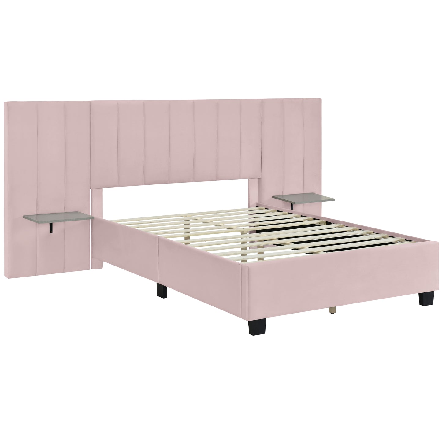 Full Size Upholstered Platform Bed with Big Headboard, Bedroom Furniture, Velvet, Pink