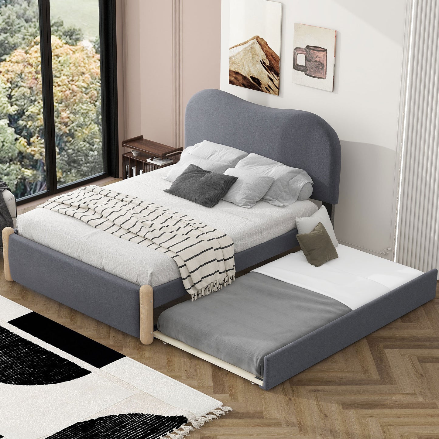 Full Size Upholstered Platform Bed with Wood Supporting Feet and Twin Size Trundle, Gray