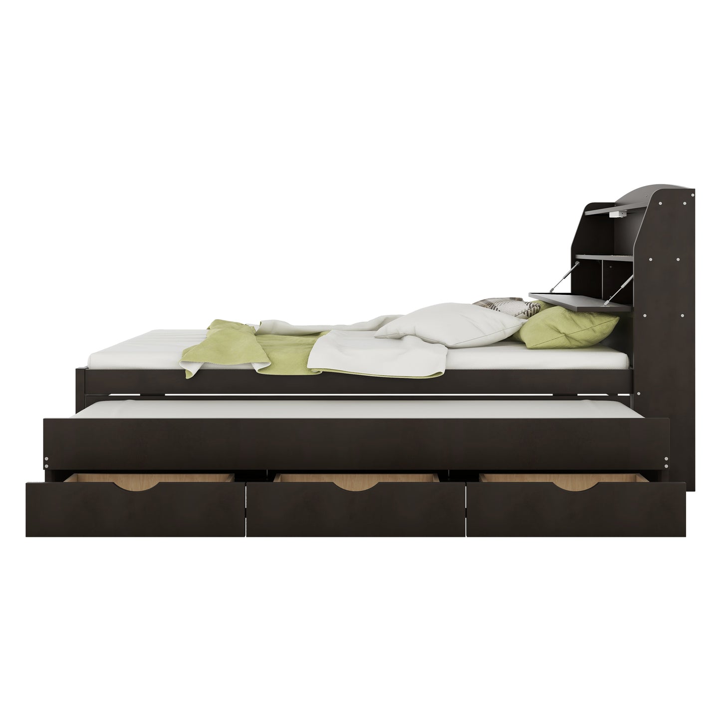 Full Size Wooden LED Platform Bed with Trundle, with Storage Headboard, with Drawers, Brown