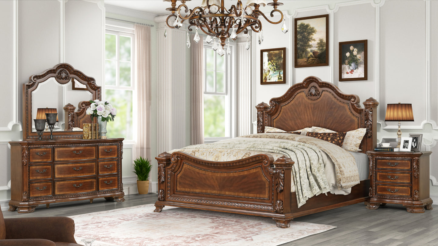 Traditional Style 4 Pc King Bedroom Set With Intricate Wood Carvings Made with Wood in Walnut