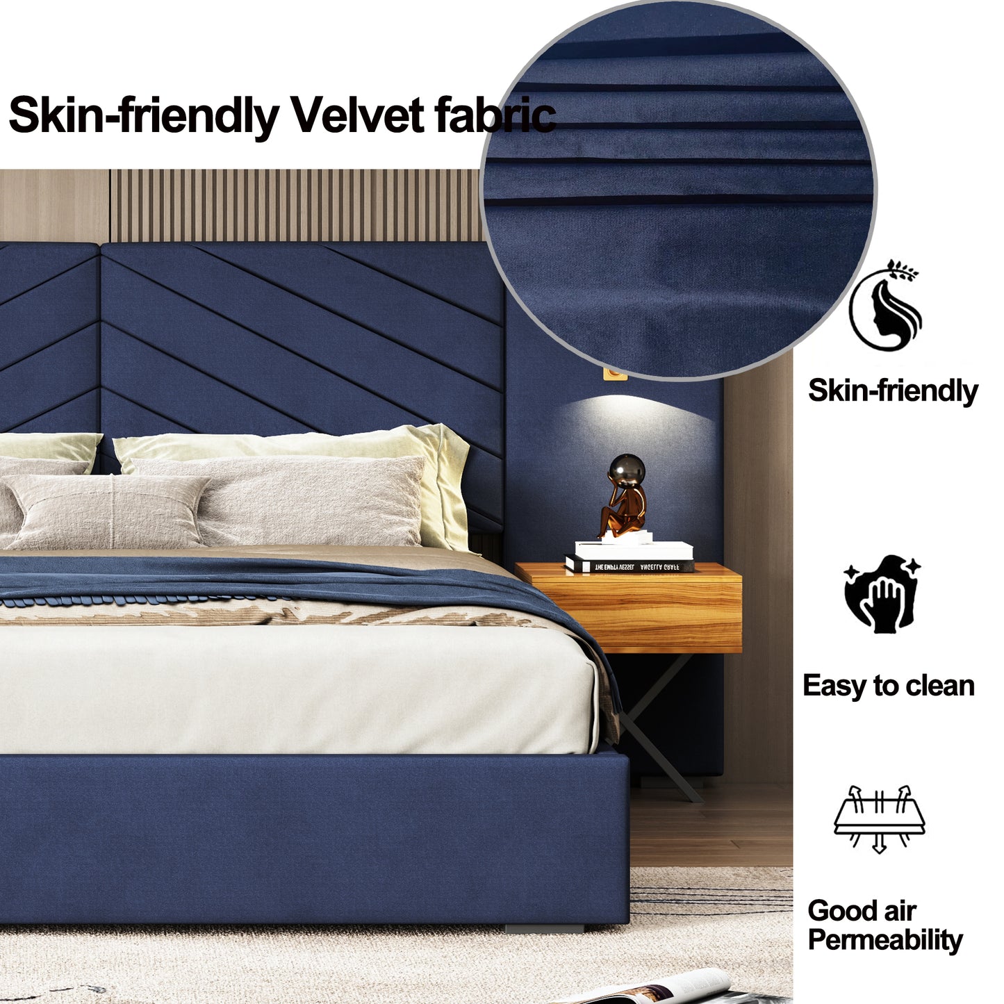 Queen Size Velvet Bed Frame/Vertical Channel Tufted Wingback Headboard/Upholstered Platform Bed/Strong Wooden Slats/No Box Spring Needed/Easy AssemblyRoyal blue