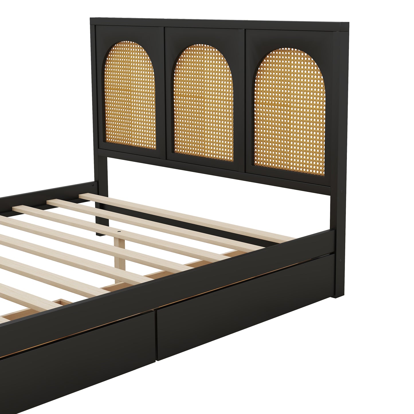 Full Size Wood Storage Platform Bed with 2 Drawers, Rattan Headboard and Footboard, Black