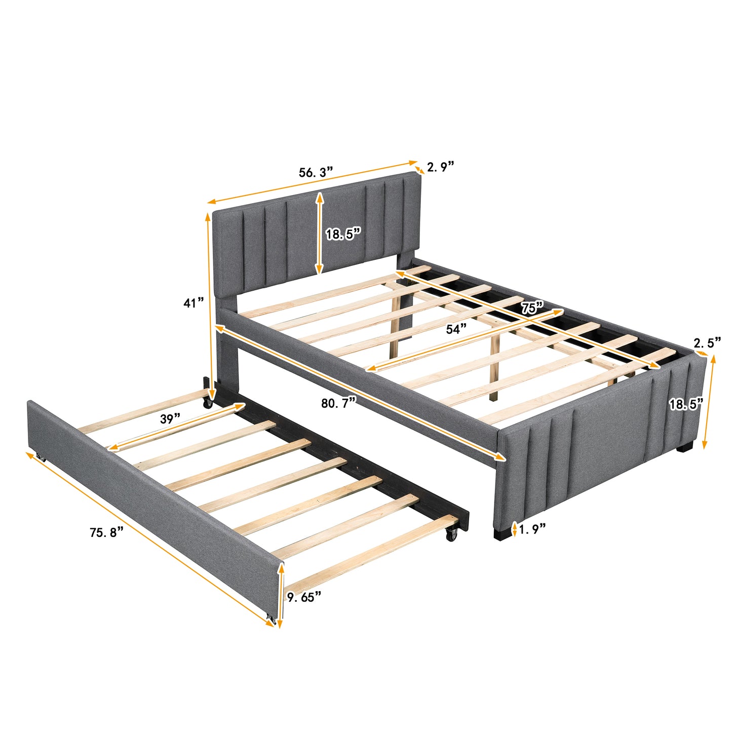 Full Upholstered Platform Bed with Trundle,Grey (OLD SKU:SM001006AAE)