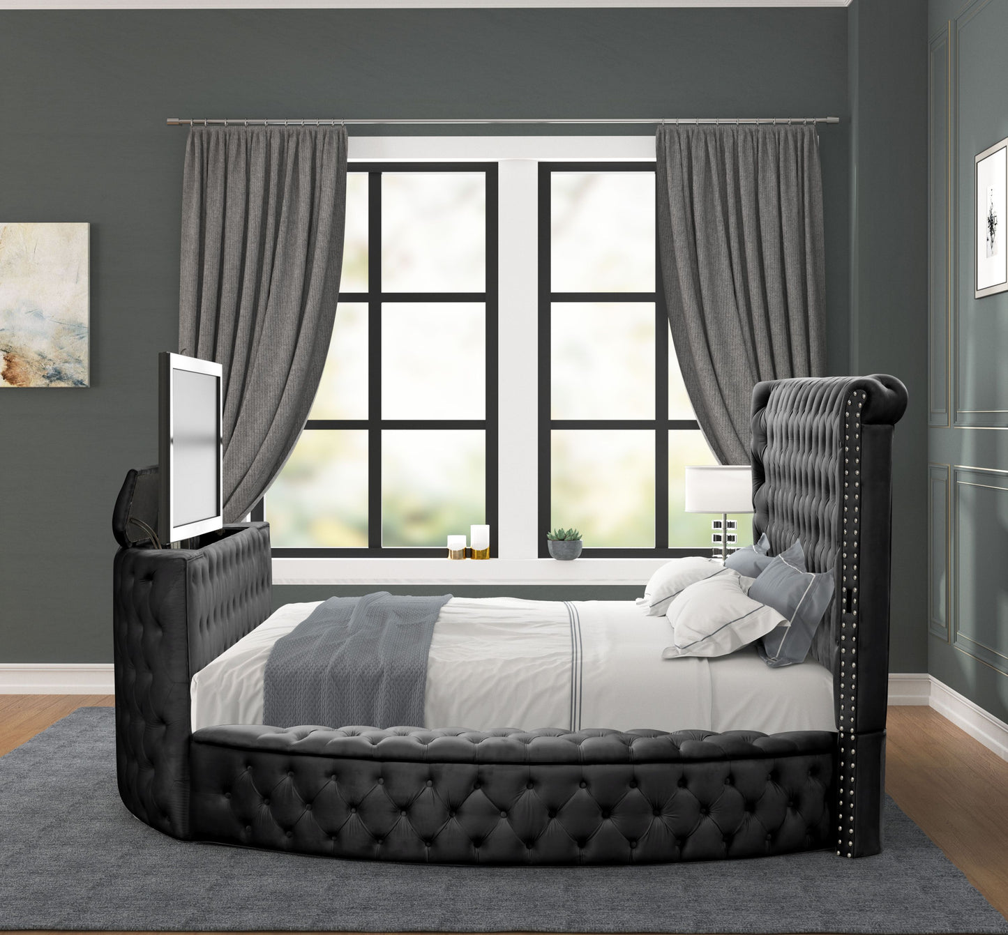 Modern Style Crystal Tufted Queen Bed  Made with wood in Black