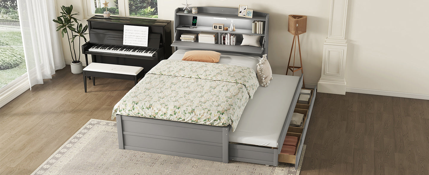 Full Size Wooden LED Platform Bed with Trundle, with Storage Headboard, with Drawers, Gray