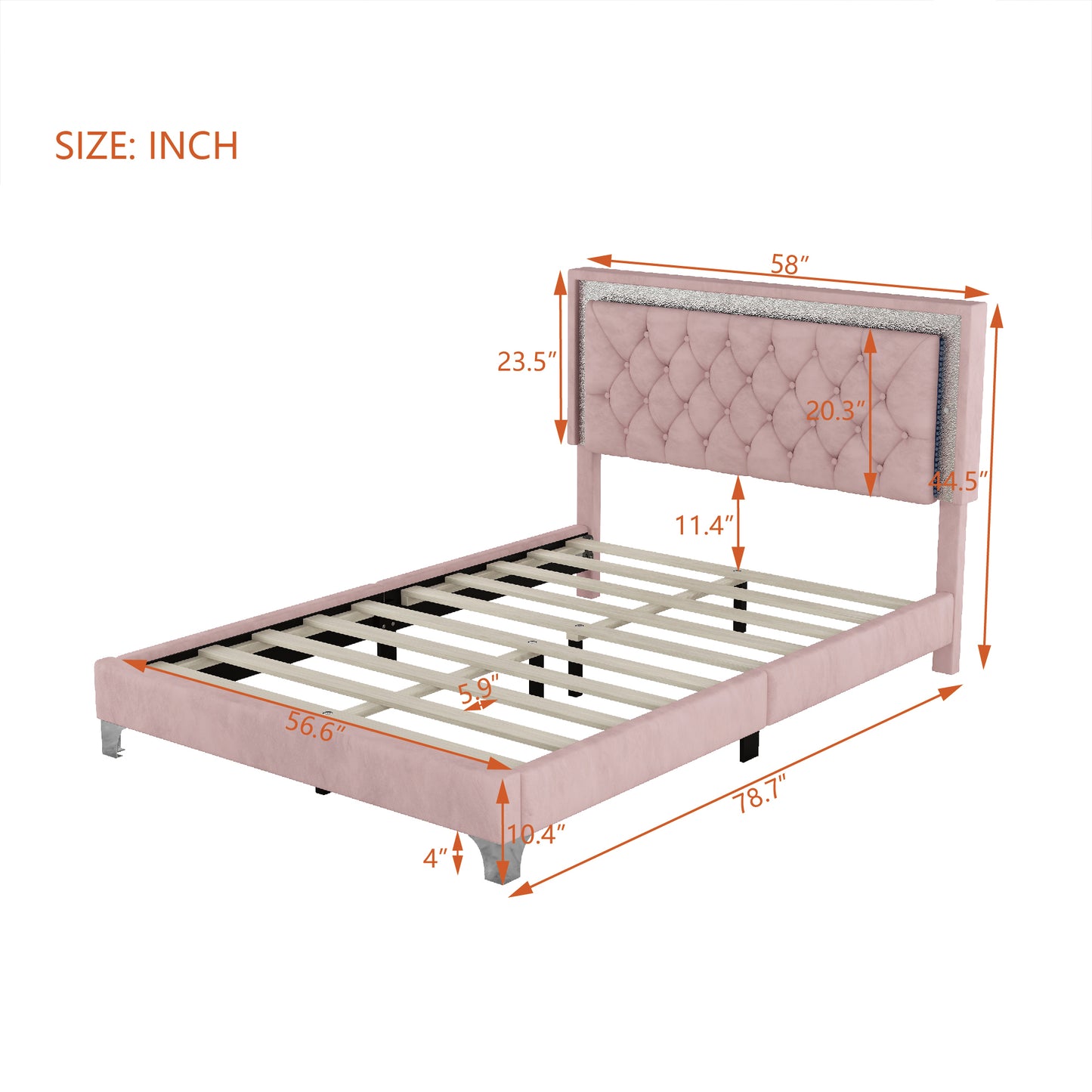 Full Size Upholstered Bed Frame with LED Lights,Modern Velvet Platform Bed with Tufted Headboard,Pink