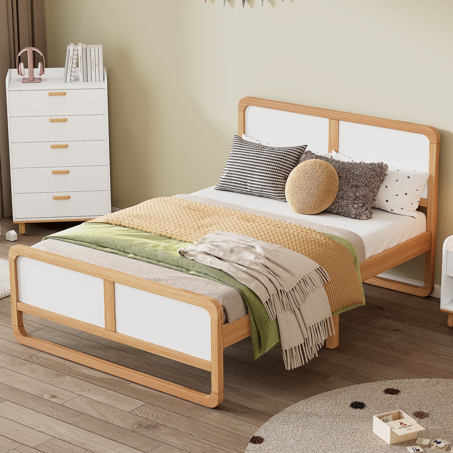 Modern Style Full Size Solid Wood Platform Bed for  Kids, Teens, Adults, No Need Box Spring, Walnut and White