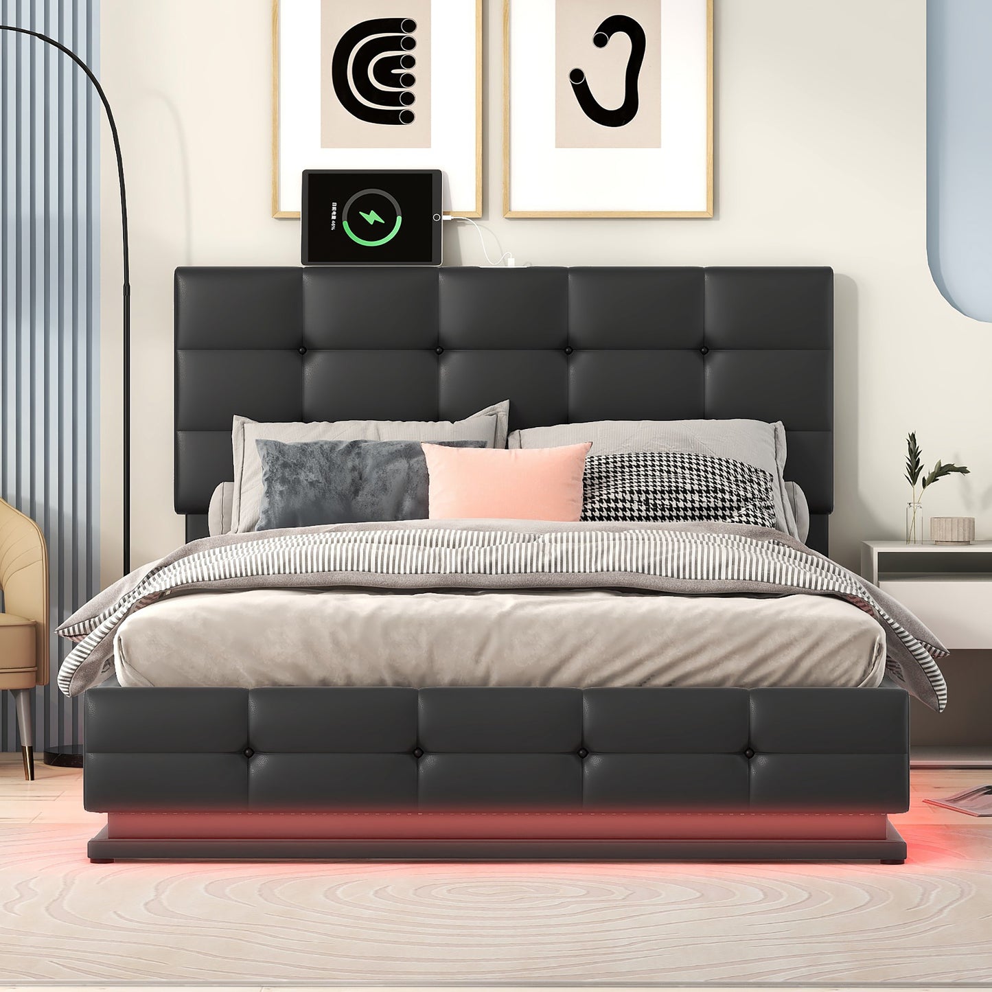 Full Size Tufted Upholstered Platform Bed with Hydraulic Storage System,PU Storage Bed with LED Lights and USB charger, Black