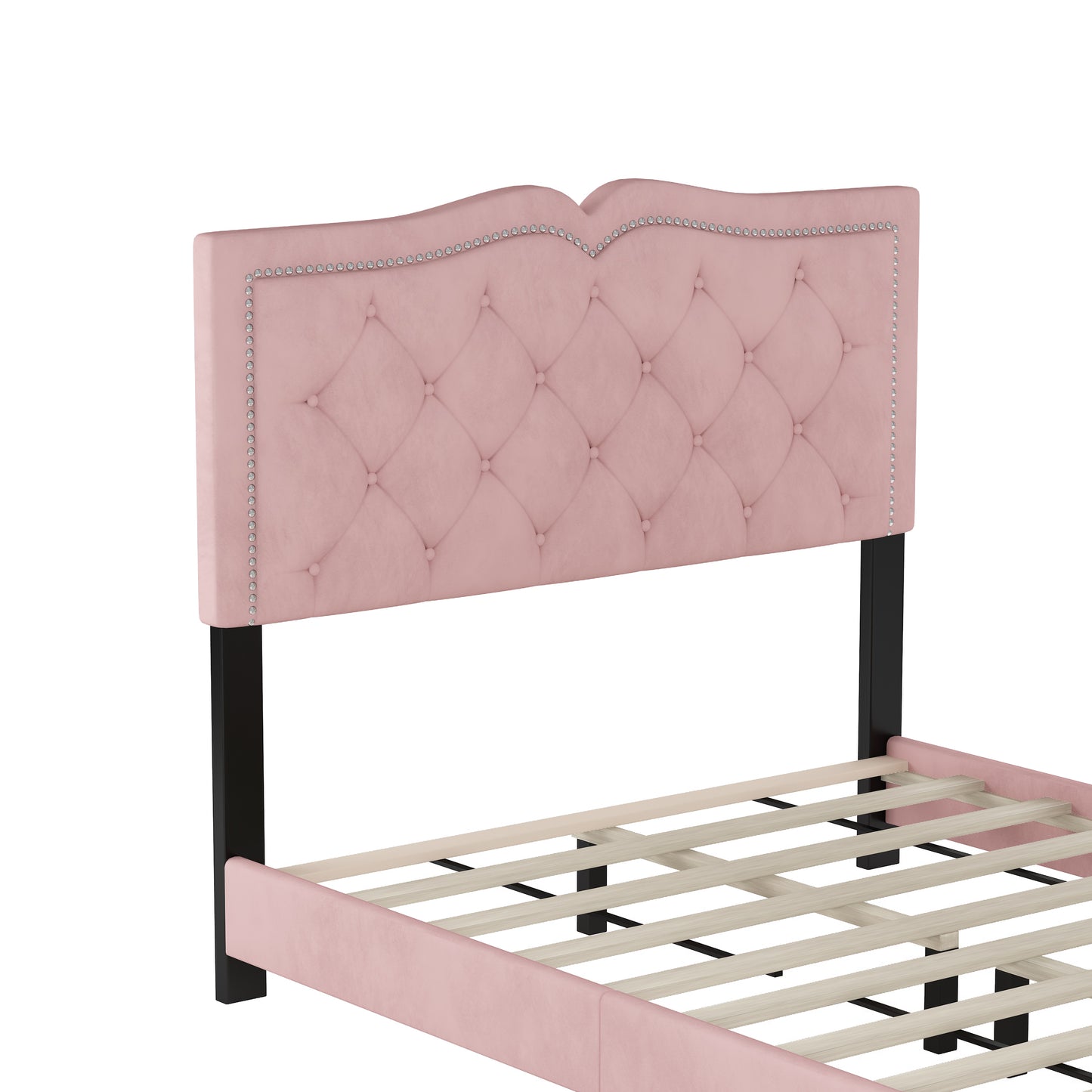 Full Size Upholstered Bed Frame with Rivet Design, Modern Velvet Platform Bed with Tufted Headboard,Pink