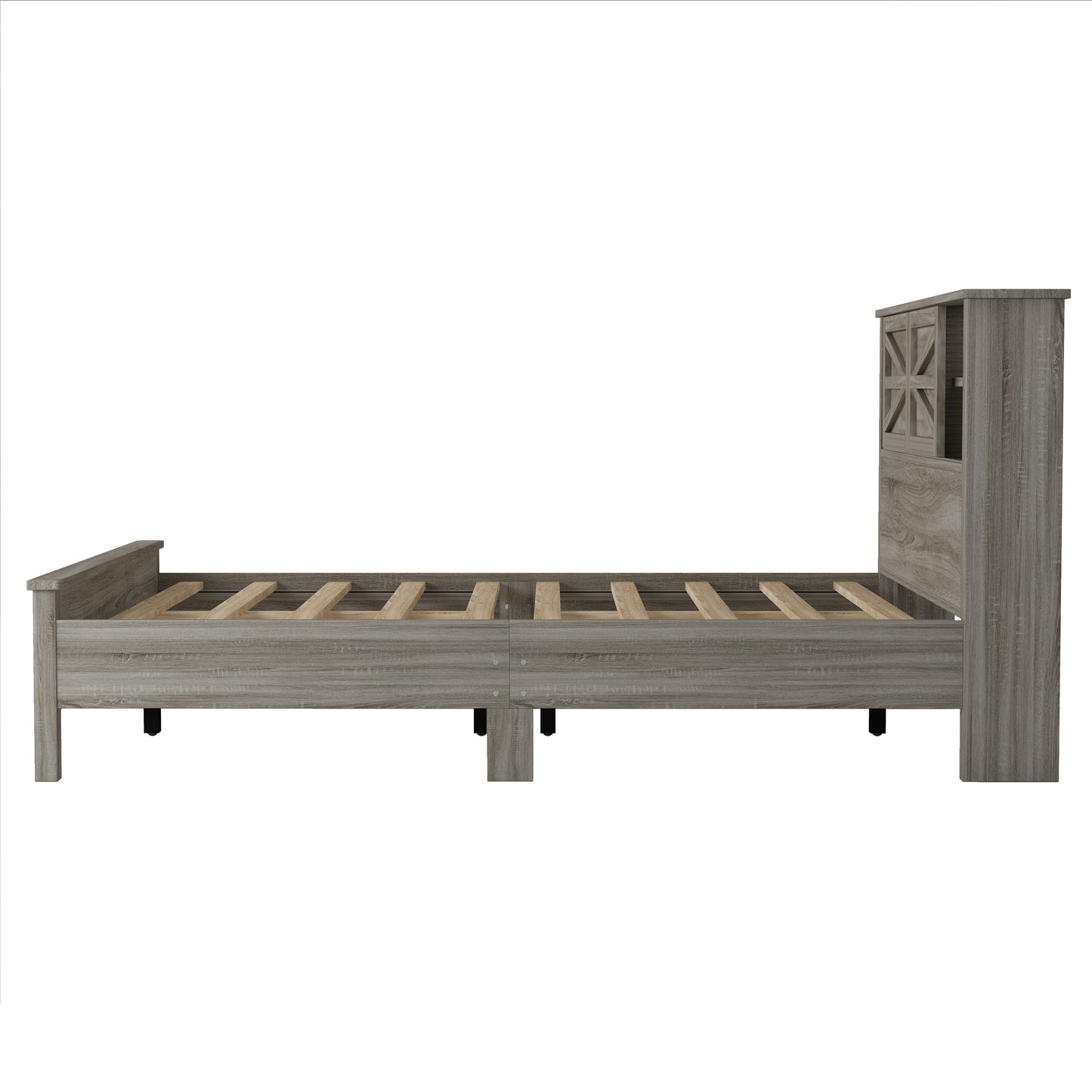 Farmhouse Platform Bed with Double Sliding Barn Door, Full Size Rustic Wood Bed with
Charging Station, Wood Slats Support, Antique Gray