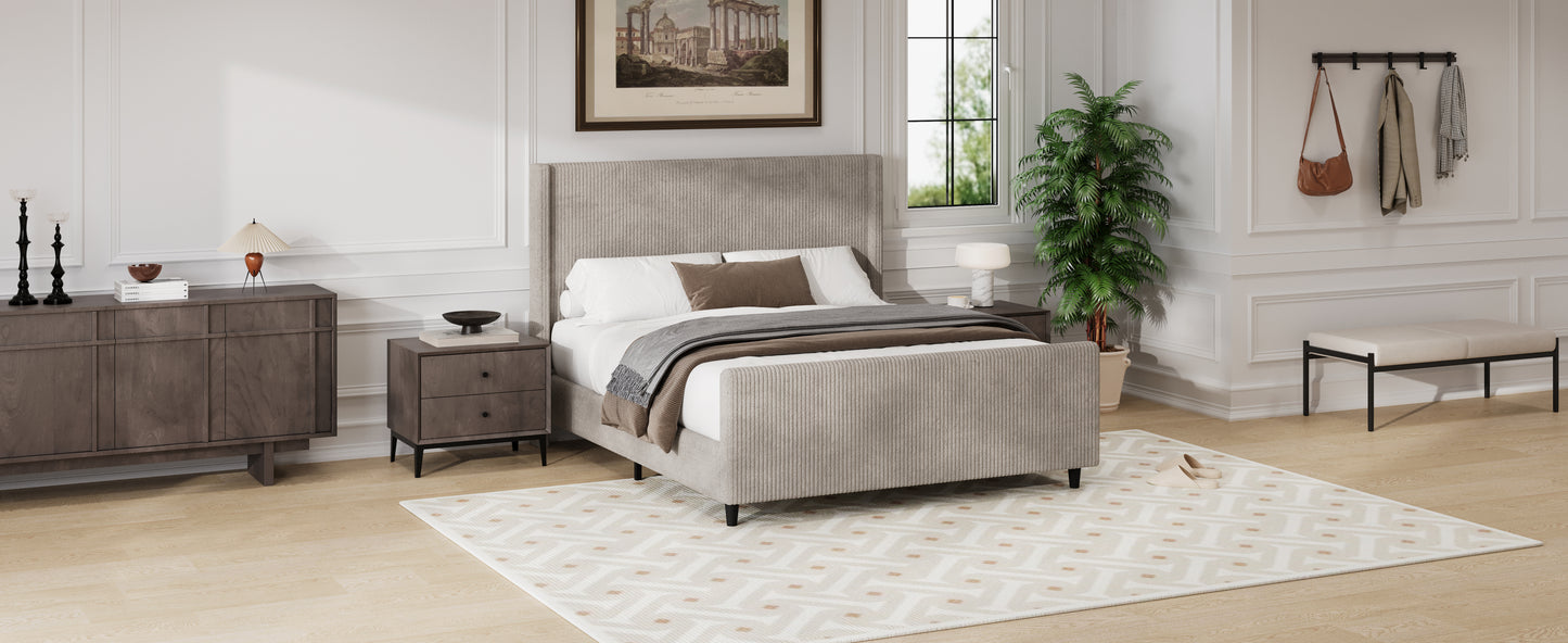 50.7'' High Headboard Corduroy Upholstered Bed Frame with Vertical Stripe Wingback and High Footboard No Box Spring Needed, king Size, Taupe