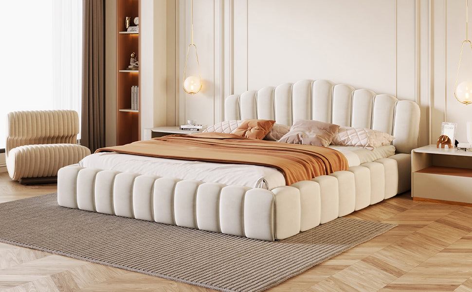 Velvet Upholstered Queen Bed Frame Floor Bed Shell-Shaped Headboard for Bedroom,No Box Spring Needed,Beige