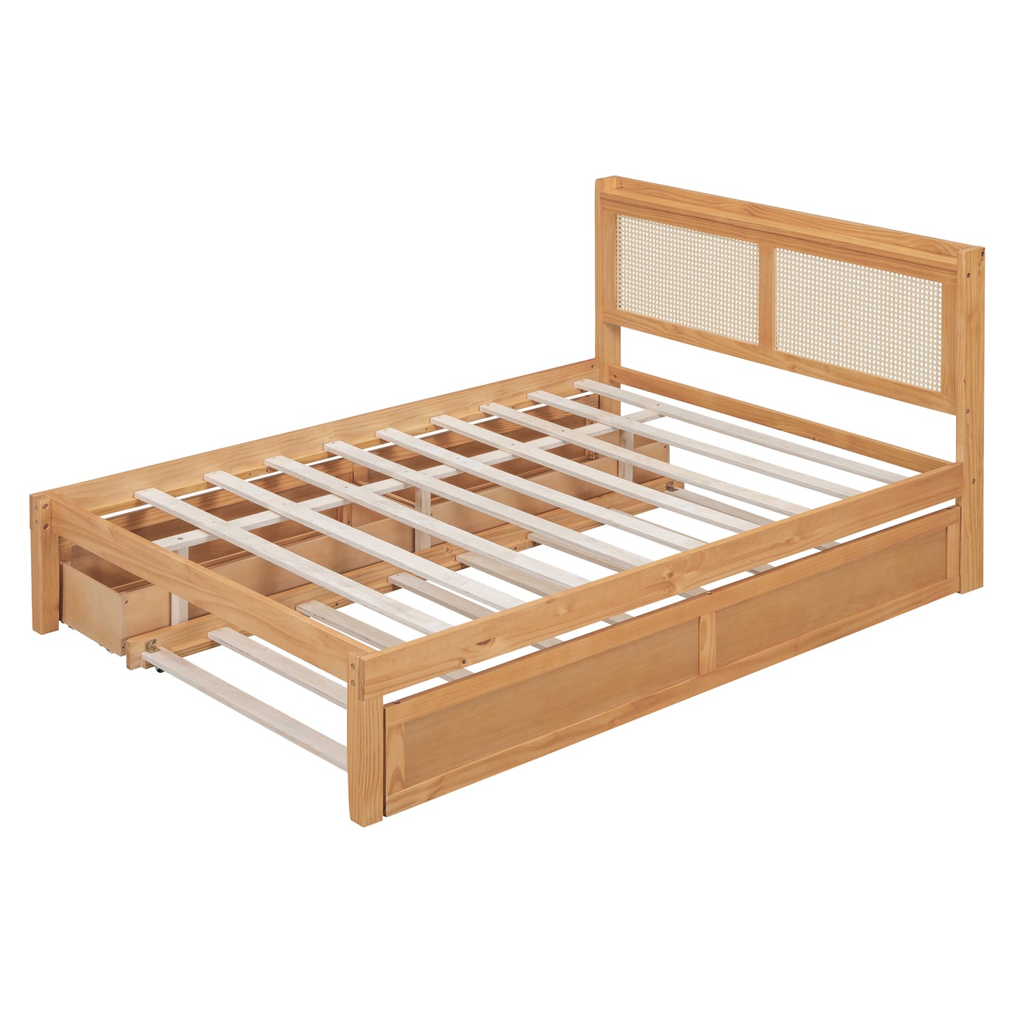 Full Size Elegant Bed Frame with Rattan Headboard and Sockets ,Natural