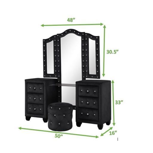 King 4 Pc Vanity Upholstery Bedroom Set Made With Wood in Black