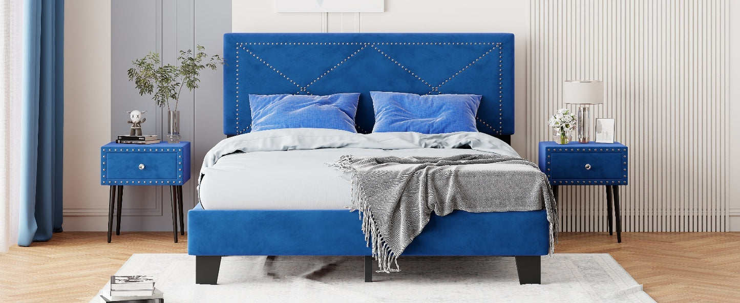 Simple Queen Size Upholstered Bed Frame with Rivet Design, Modern Velvet Platform Bed with headboard, Blue