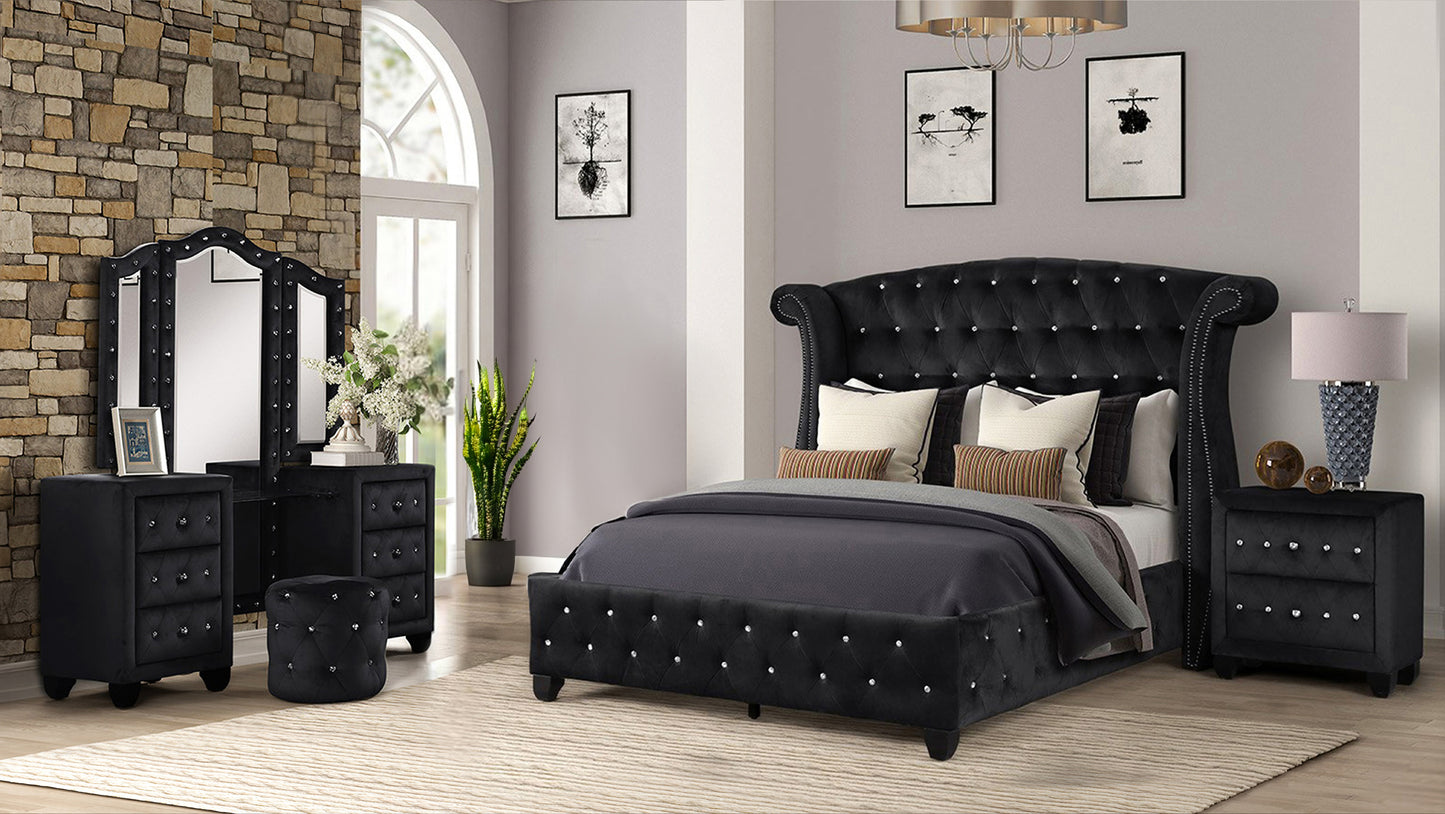 Queen 4 Pc Vanity Upholstery Bedroom Set Made With Wood in Black