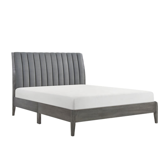 Modern California King Platform Bed 1pc Velvet Upholstered Headboard Gray Finish Solid Wood Legs Bedroom Furniture, Bed in a Box