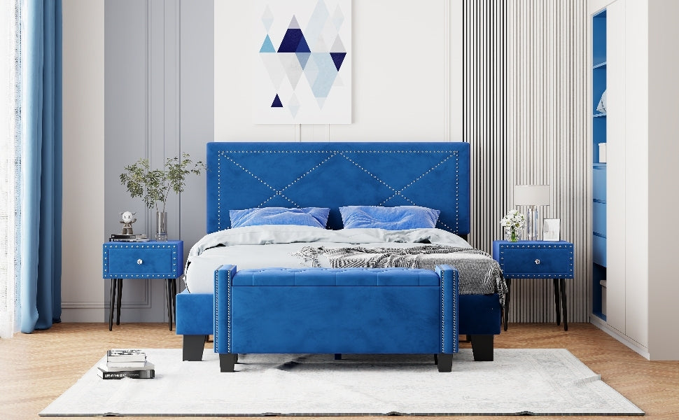 4-Pieces Bedroom Sets Queen Size Upholstered Bed Frame with Rivet Design,Nightstands and Tufted Storage Ottoman,Blue