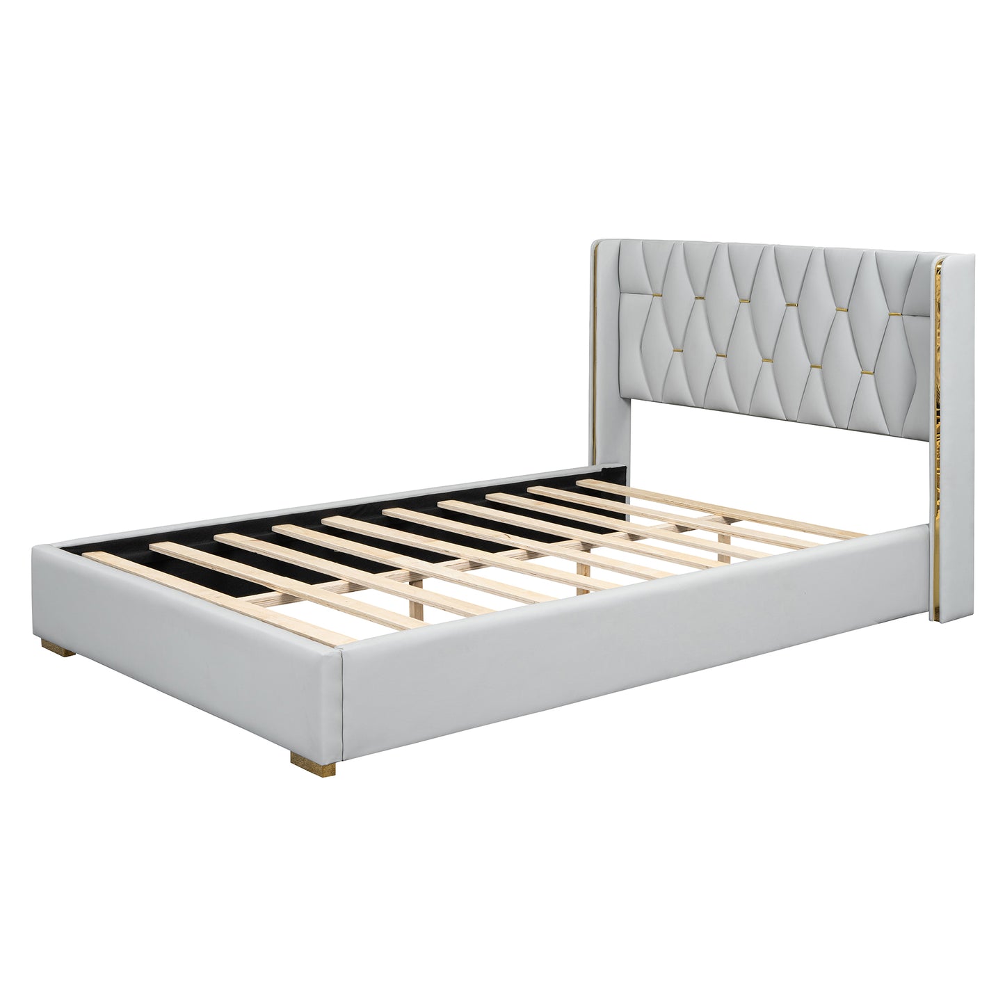 Full Size Upholstered Platform Bed with Metal Strips, Off-white