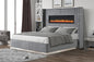 Upholstery Wooden Queen Bed with Ambient lighting in Gray Velvet Finish