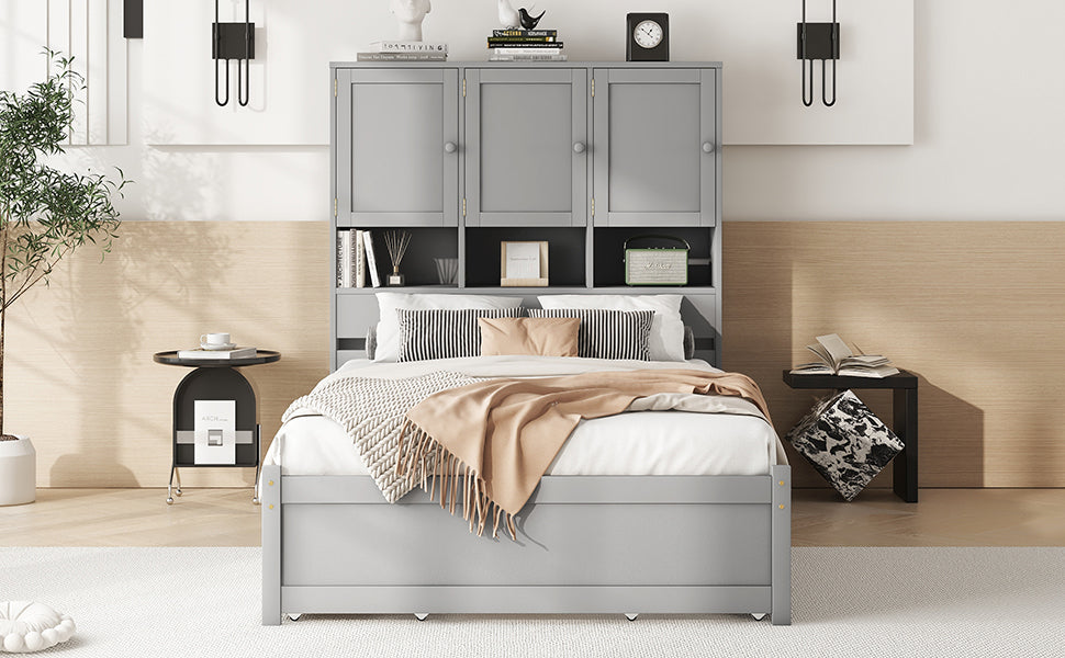 Full Size Platform Bed with Storage Headboard and 4 Drawers, Gray