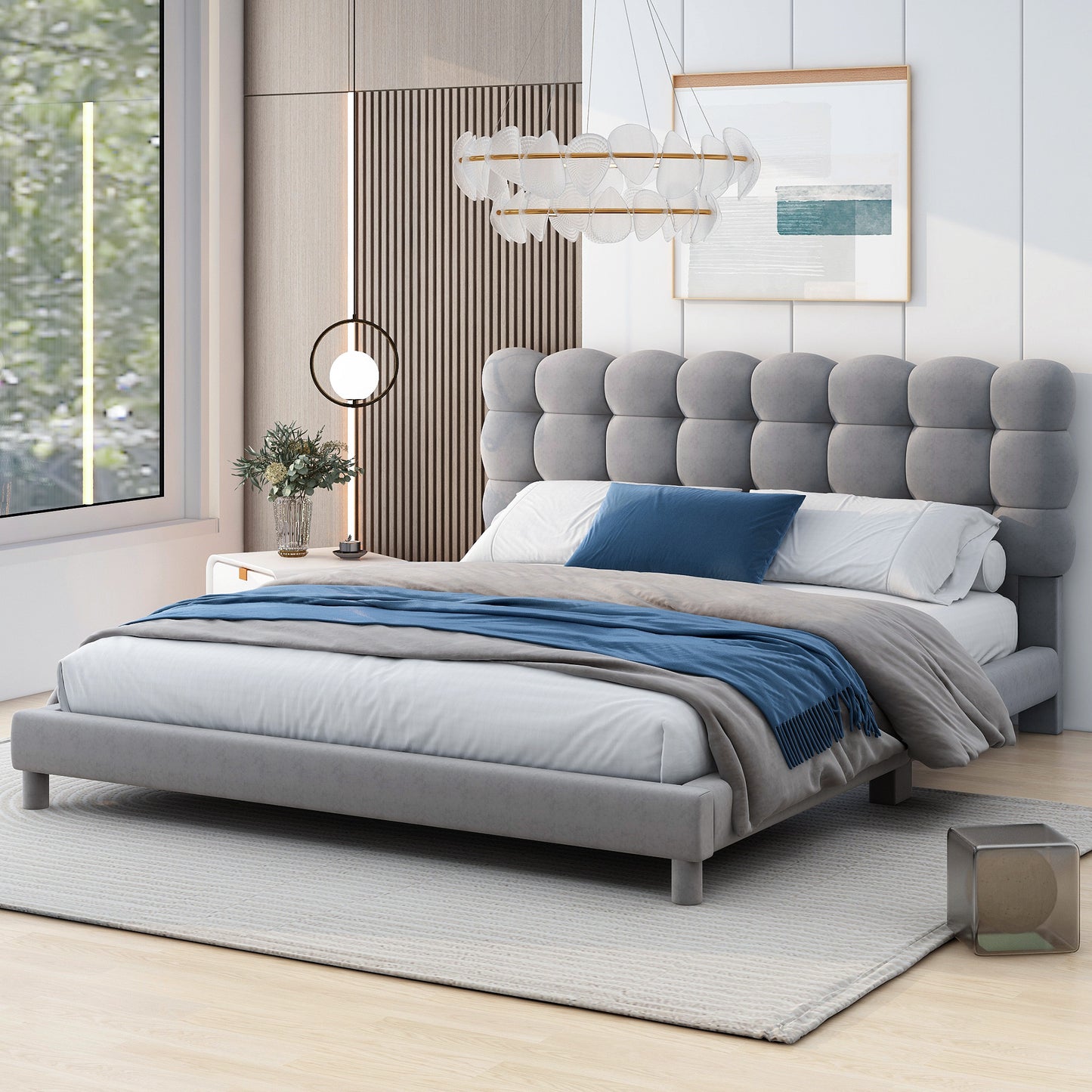 Full Size Upholstered Platform Bed with Soft Headboard,Gray