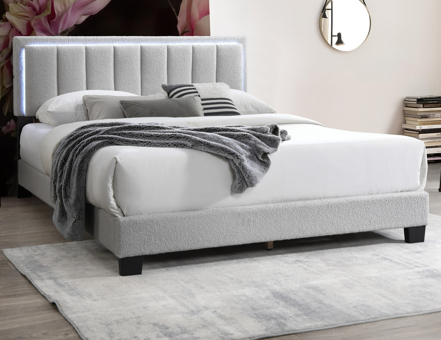 Light Gray Wool Fabric 1pc Queen Size Bed Channel Tufting w LED Full Upholstered Bedframe Bedroom Bed