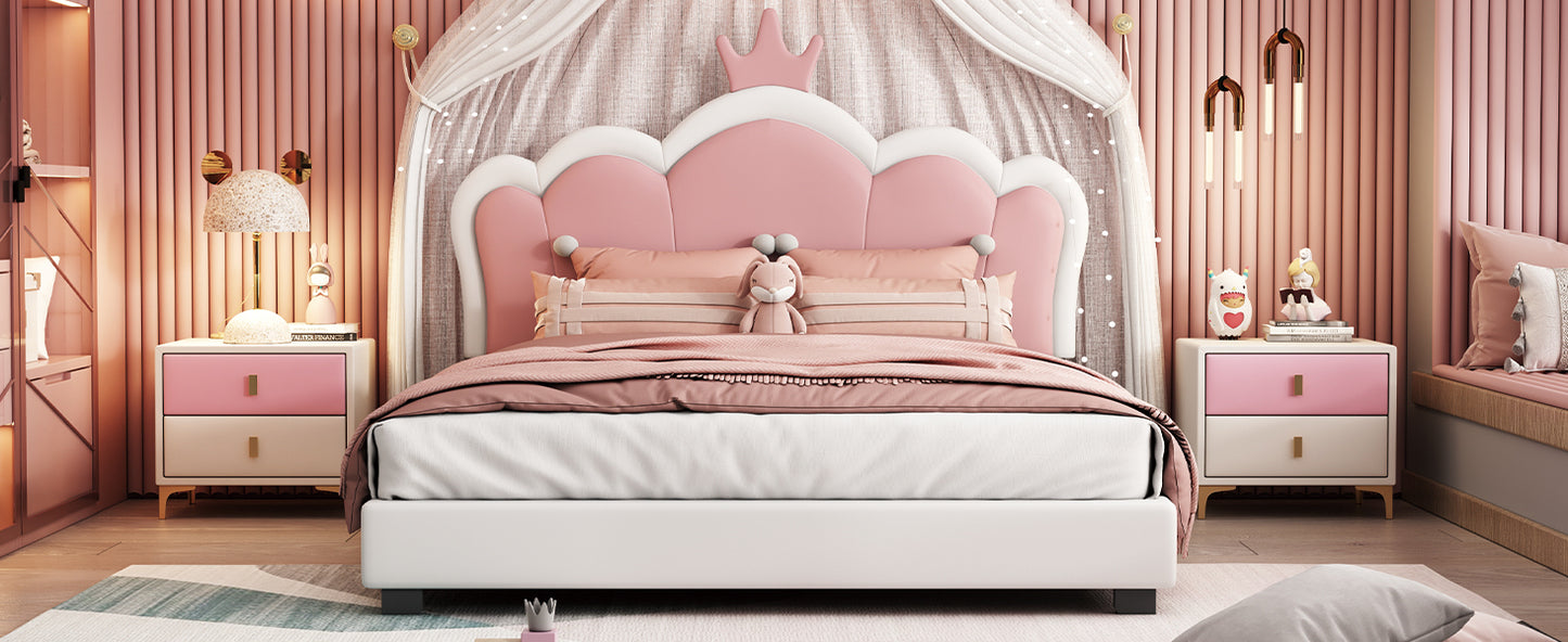 Full size Upholstered Princess Bed With Crown Headboard,Full Size Platform Bed with Headboard and Footboard, White+Pink