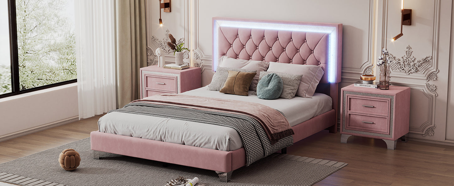 Full Size Upholstered Bed Frame with LED Lights,Modern Velvet Platform Bed with Tufted Headboard,Pink