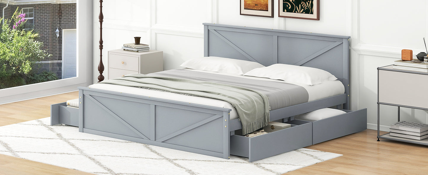 King Size Wooden Platform Bed with Four Storage Drawers and Support Legs, Gray