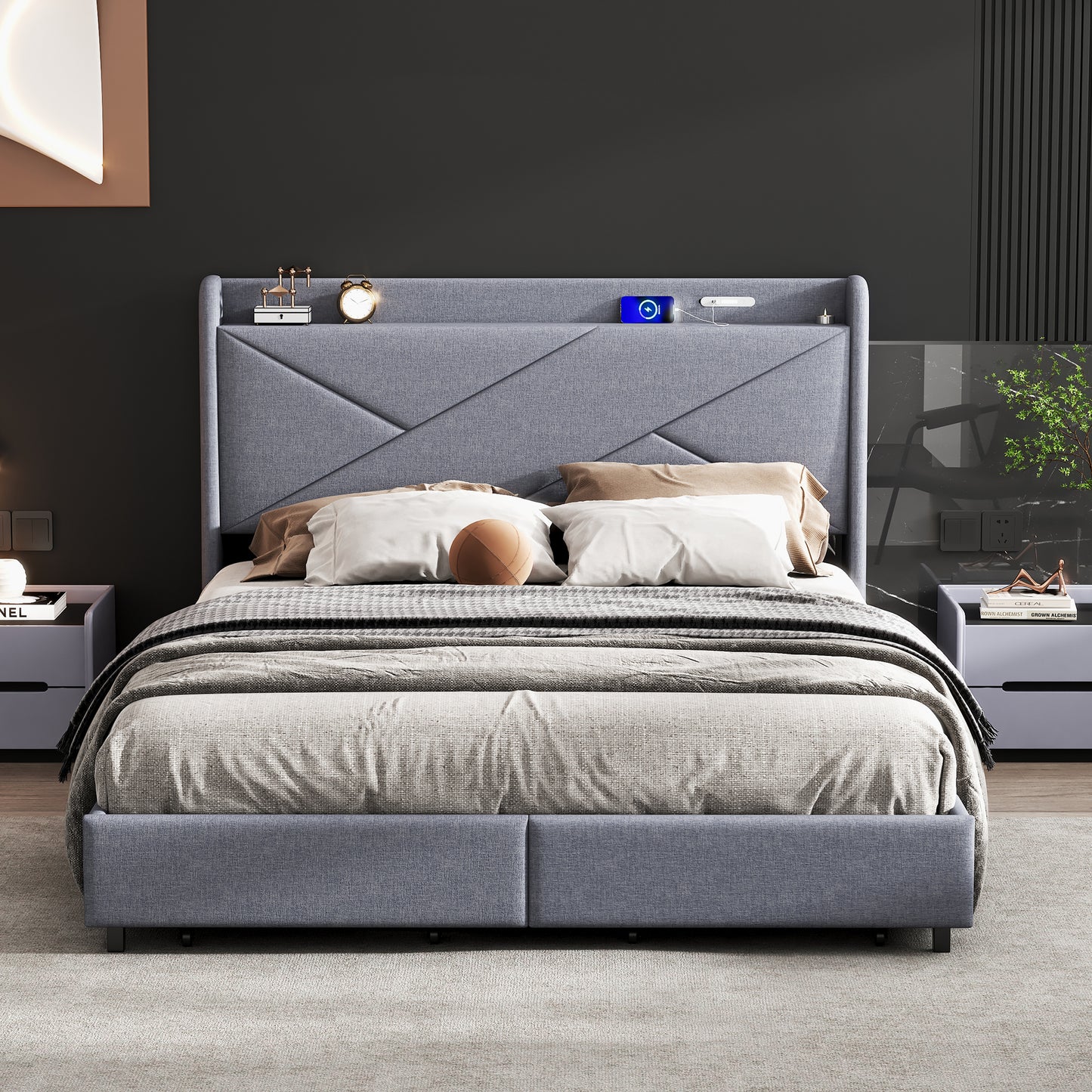 Queen Size Upholstery Platform Bed with Storage Headboard, LED, USB Charging and 2 Drawers, Gray