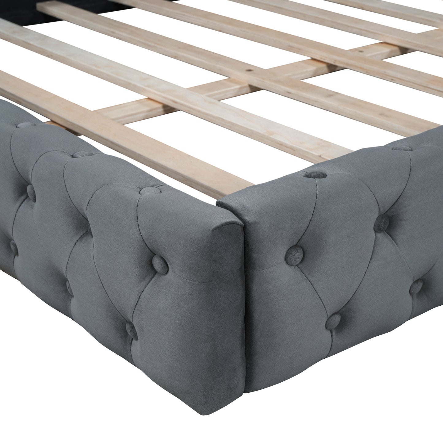 Queen Size Velvet Upholstered Platform Bed, with Luxurious Diamond Grid Headboard,Gray